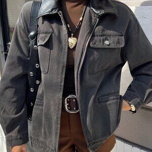 Grey Casual Women's Loose Long Sleeve Lapel Pocket Street Cowboy Jacket